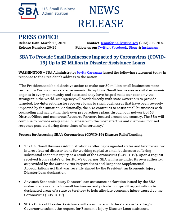 SBA To Provide Small Businesses Impacted by Coronavirus (COVID-19) Up to $2 Million in Disaster Assi