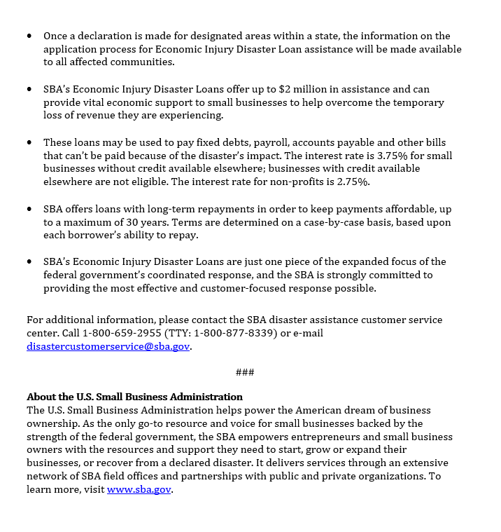 SBA To Provide Small Businesses Impacted by Coronavirus (COVID-19) Up to $2 Million in Disaster Assi